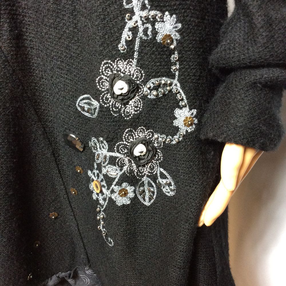 Artistic Black Knit Dress Size M Embroidery Buttons Beads Long Sleeve Whimsigoth - Picture 4 of 6